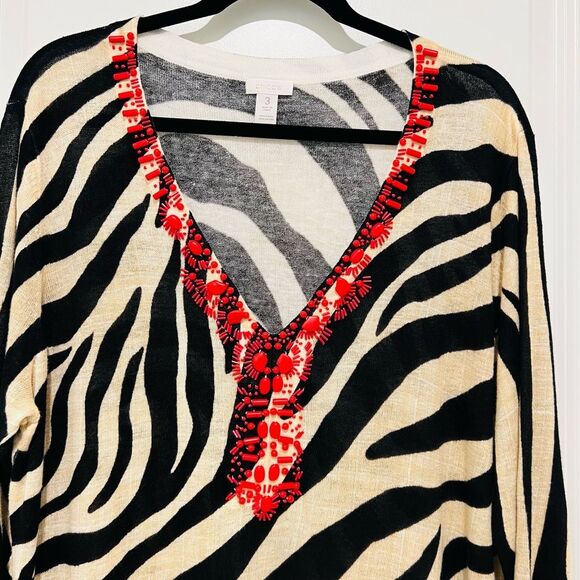Chico's Women's Zebra Jeweled Ruby Pullover Sweater Sz 3 (US XL/16) Linen Blend - Picture 2 of 13